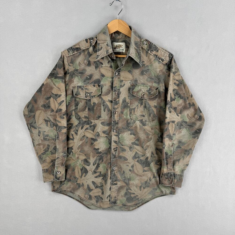 Vintage Kelly Kamo Shirt Mens Large Brown Tru-Leaf Camouflage Button Up Hunting